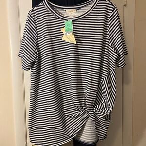 Striped Knot-Front Short Sleeve Tee - Navy & White